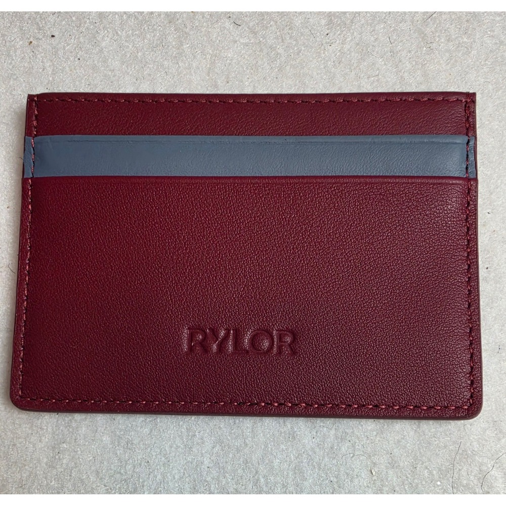 Rylor Burgundy Leather Slim Card Holder Wallet Grey Stripe Minimalist Pocket